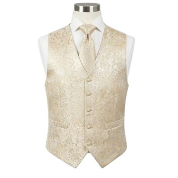 CooFandy Rose Pattern Cream Gold Button Up Vest w/ Tie Size M - Picture 1 of 10